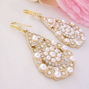 Arabian Princess Gold Crystal And Pearl Drop Chandelier Earrings